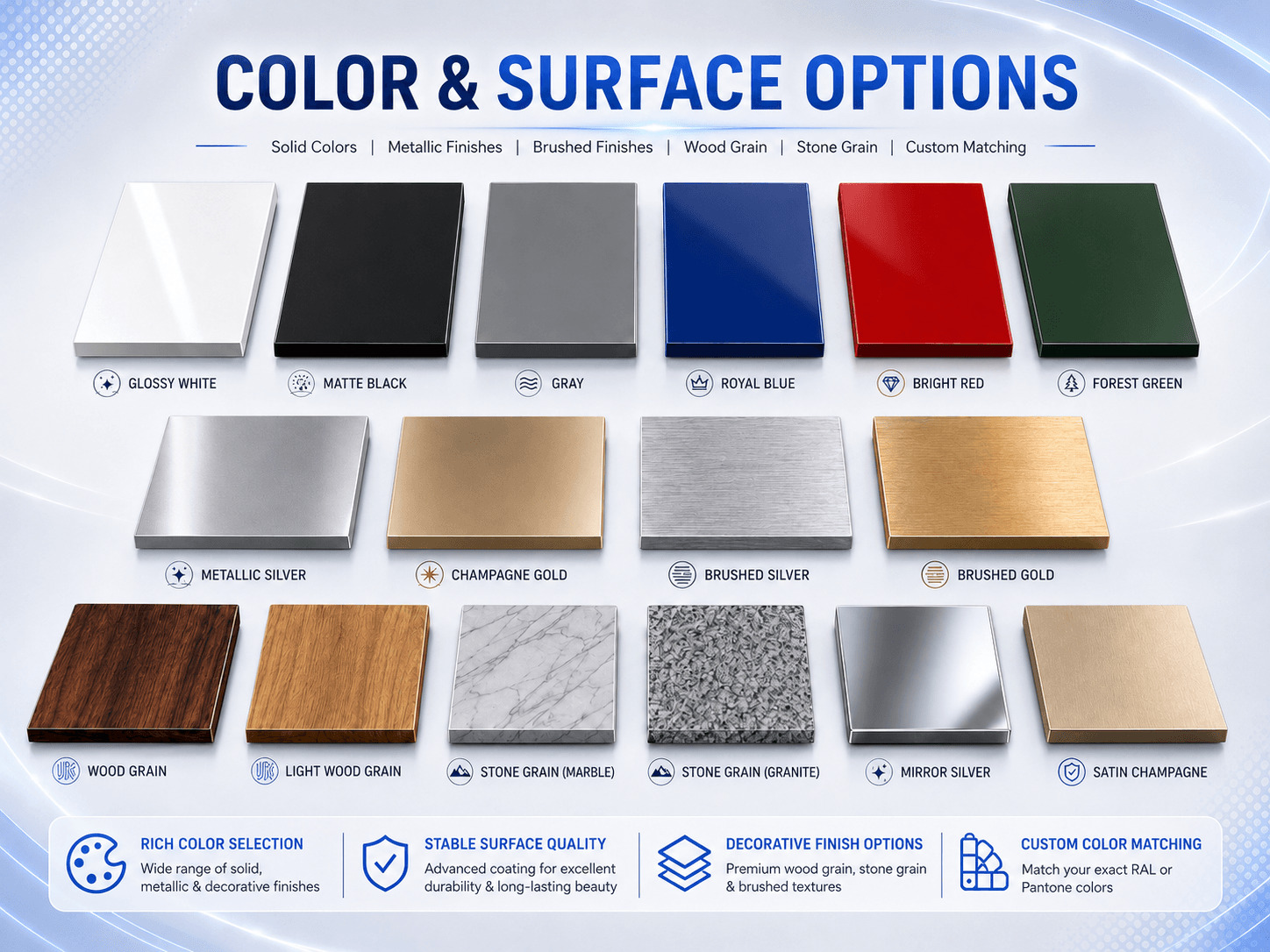 color and surface options for color coated aluminum
