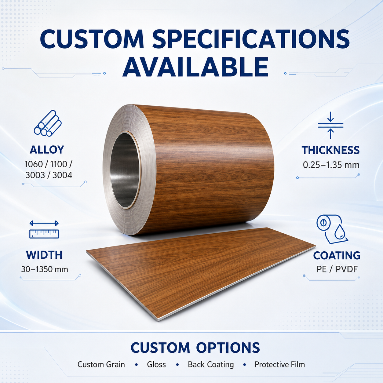 wood grain coated aluminum OEM custom specifications