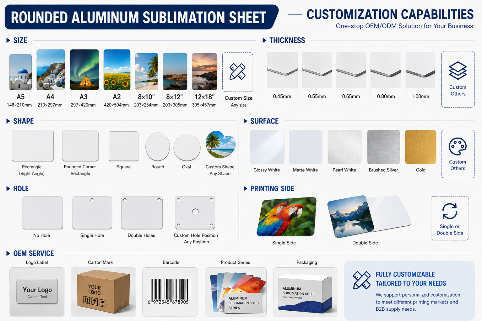 aluminum sublimation sheets size thickness radius hole position specification