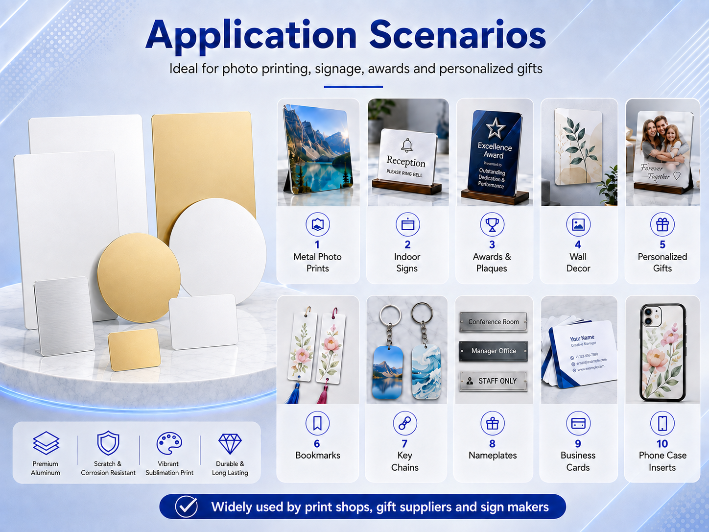 aluminum sublimation sheets blanks applications for Photo Prints, Signs, Awards and Gifts