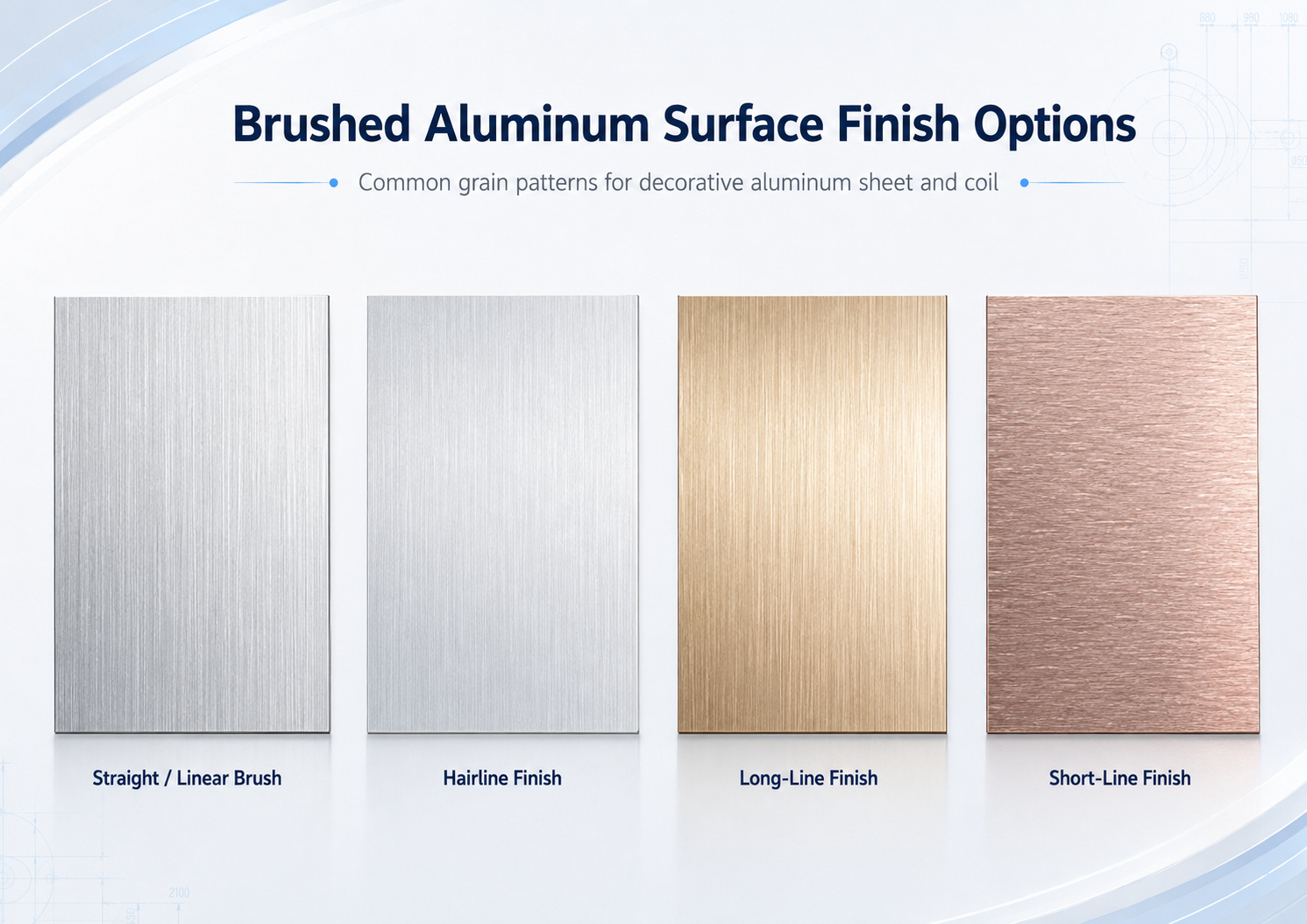Brushed aluminum surface finish options including hairline and linear grain
