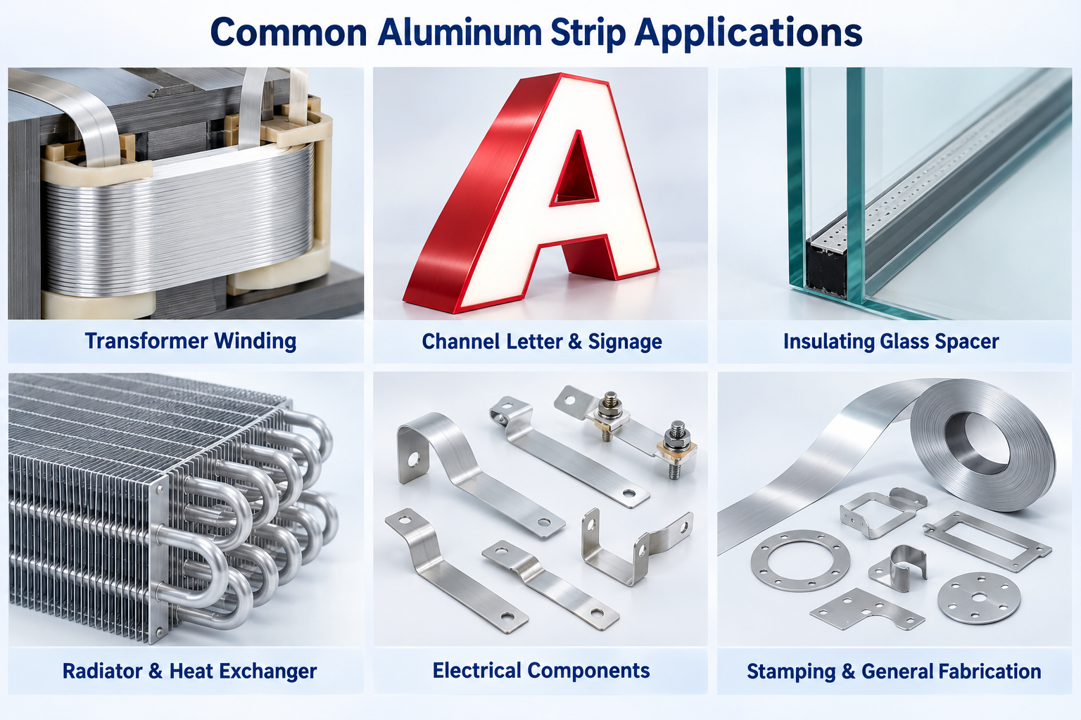 Common Aluminum Strip Applications Aluminum strip applications for transformer signage glass spacer radiator electrical and stamping