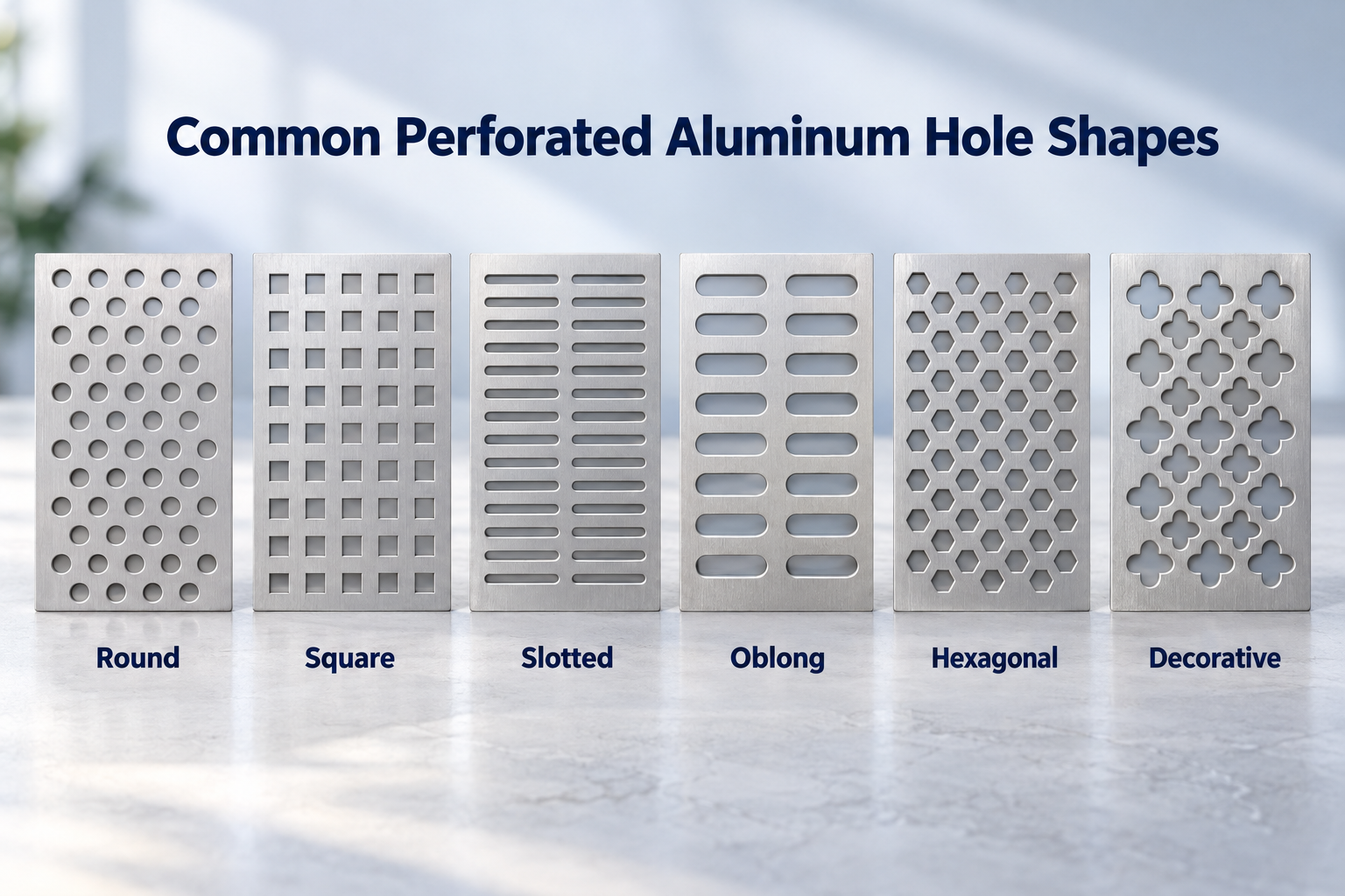 Common Perforated Aluminum Hole Shapes round square slotted oblong hexagonal and decorative perforated aluminum hole patterns