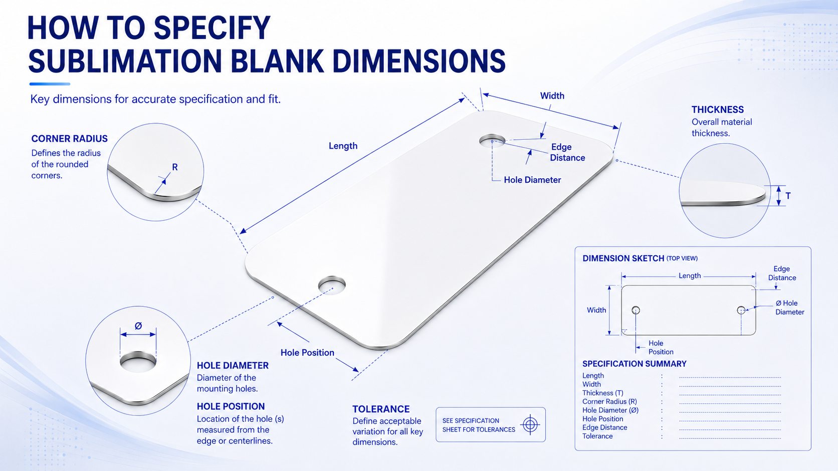 aluminum sublimation blank dimension guide showing length, width, thickness, corner radius, hole diameter and hole position