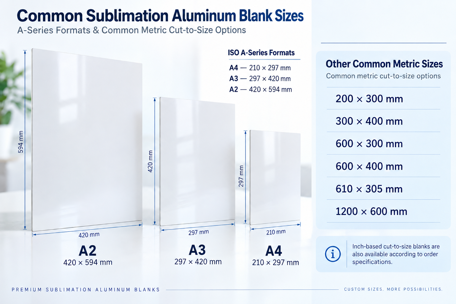 A4 A3 A2 and common metric sizes for sublimation aluminum blanks