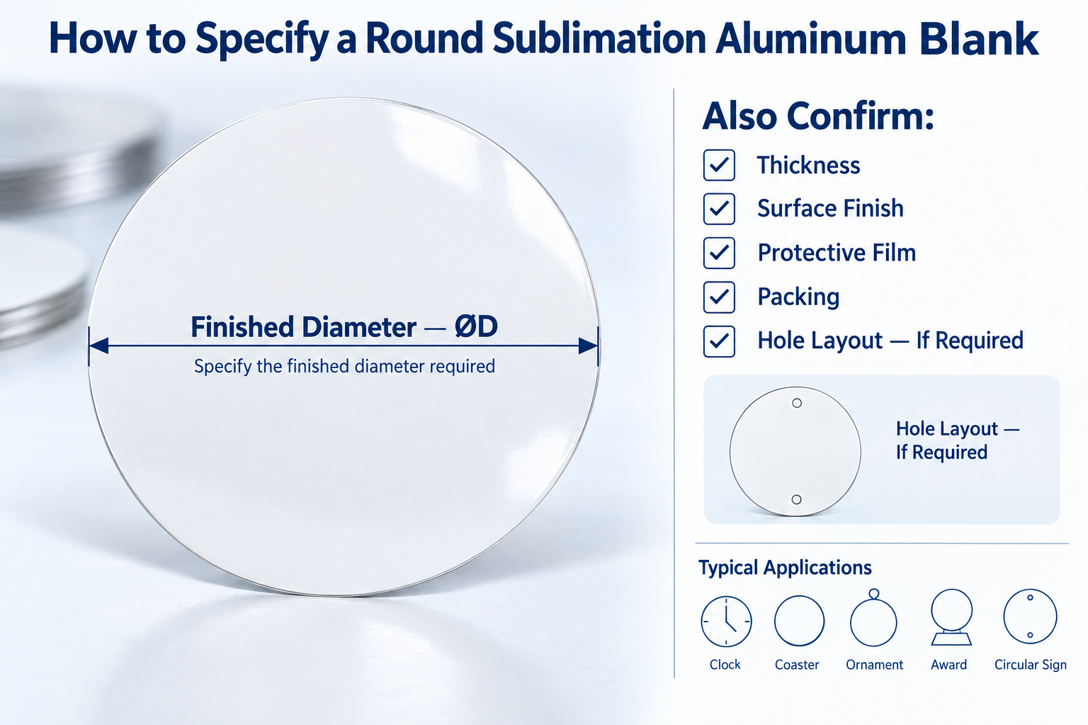 Round sublimation aluminum blank showing finished diameter specification