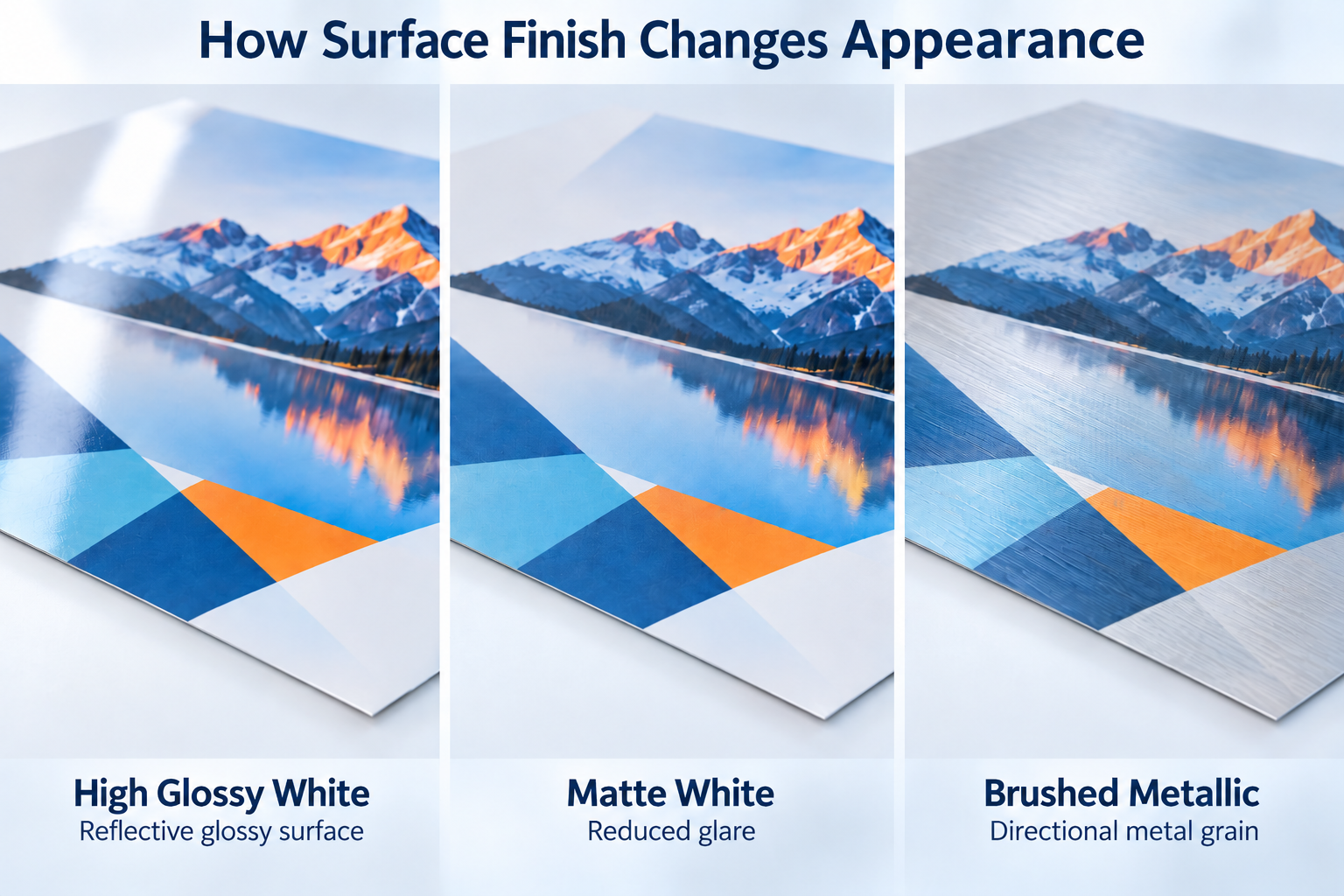 Surface details of glossy matte and brushed sublimation aluminum