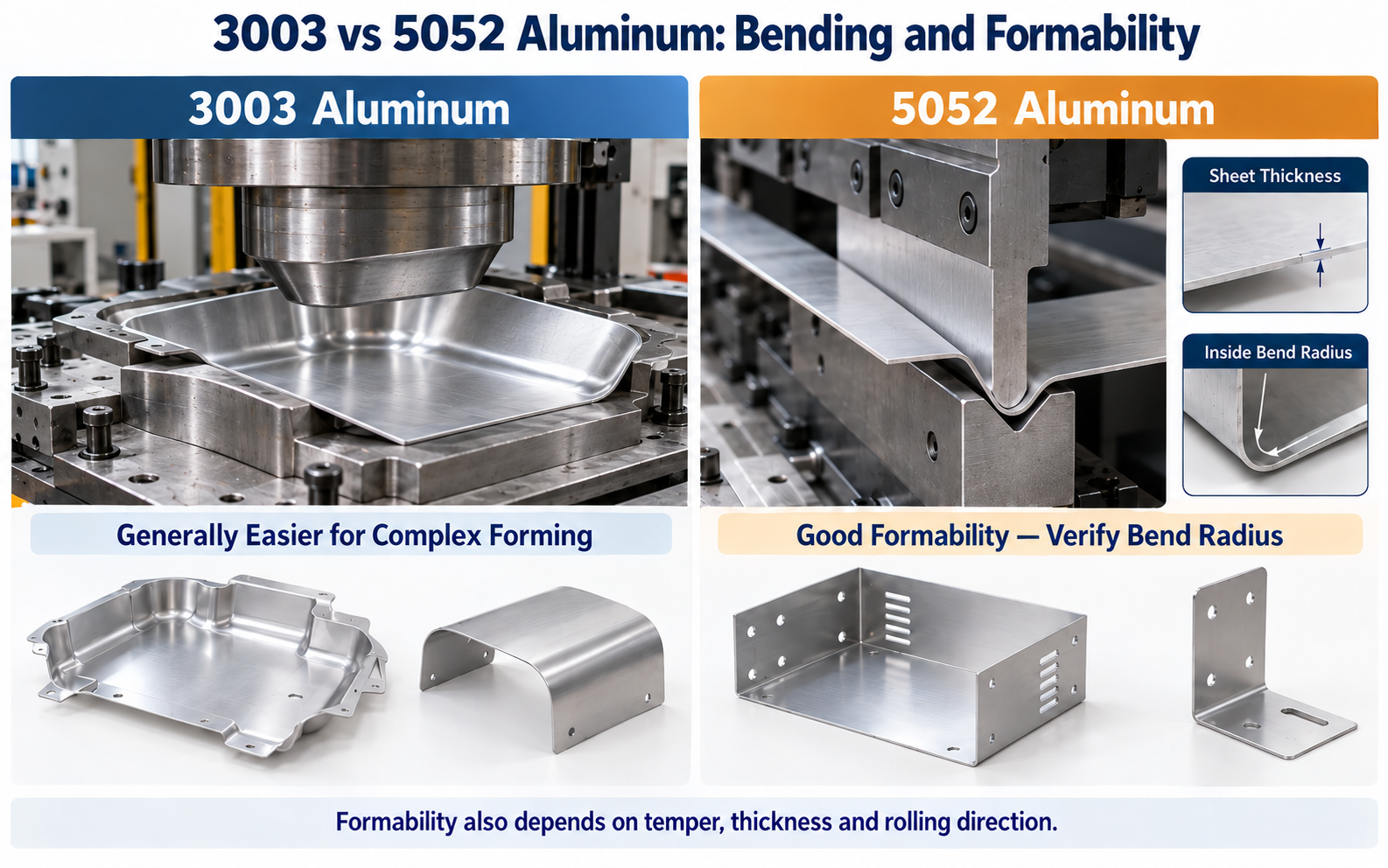 3003 vs 5052 Aluminum Bending and Formability 3003 and 5052 aluminum sheet forming comparison with curved parts and precision press brake bending