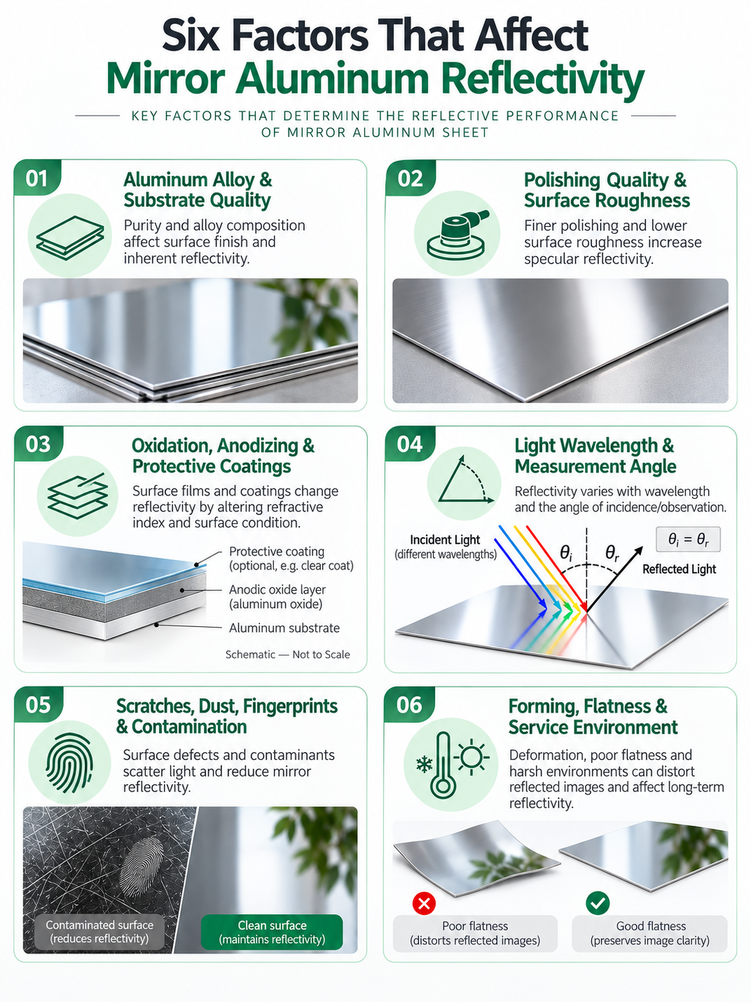 Six Factors Affecting Mirror Aluminum Reflectivity Infographic showing six factors that affect mirror aluminum sheet reflectivity