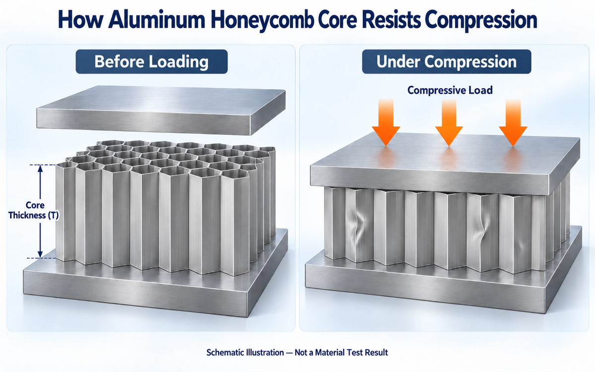 aluminum honeycomb core compressive load diagram Technical diagram showing through-thickness compression of an aluminum honeycomb core, with vertical loading direction and illustrative cell wall deformation