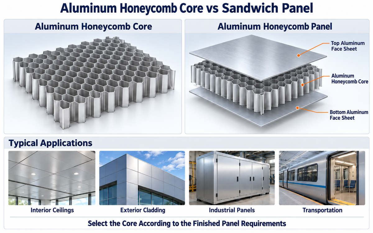 aluminum honeycomb core vs honeycomb sandwich panel applications Comparison of standalone aluminum honeycomb core and finished aluminum honeycomb sandwich panel showing aluminum face sheets, hexagonal core and common applications